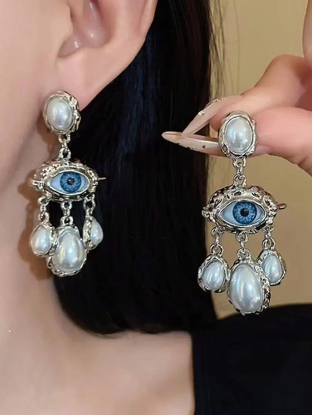 New! Silver Drop Baroque Style Pearls with Blue Evil Eye Chandelier Earrings